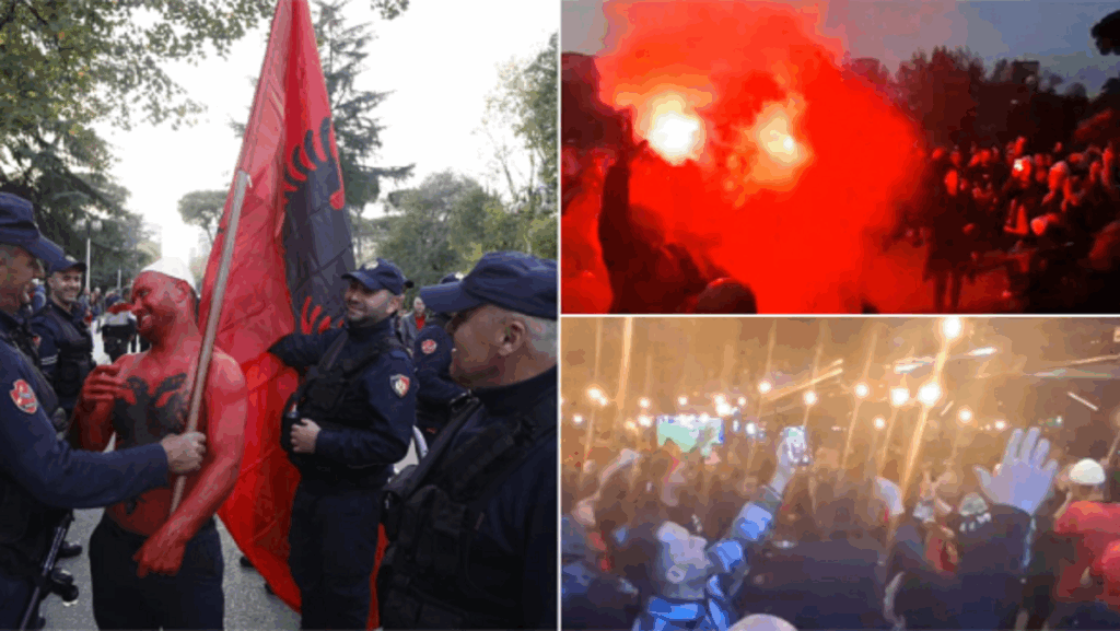 Atmosferë festive para ndeshjes Shqipëri-Angli, tifozët kuqezi me qeleshe dhe flamurin kombëtar këndojnë e kërcejnë në rrugët e Tiranës ndeshja