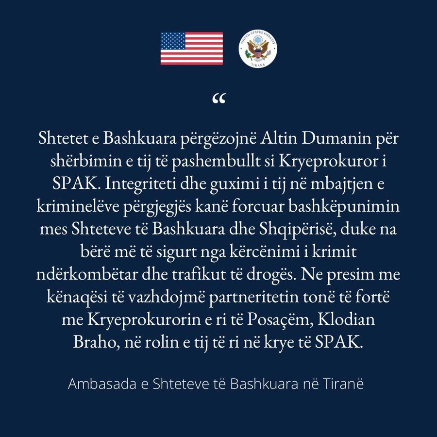 SPAK ka drejtues të ri, ambasada e Amerikës: Përgëzojmë Dumanin, presim bashkëpunimin edhe me Brahon 1 900 0 1765471794x597731874 1305497714938716 3355762141924952858 n 635