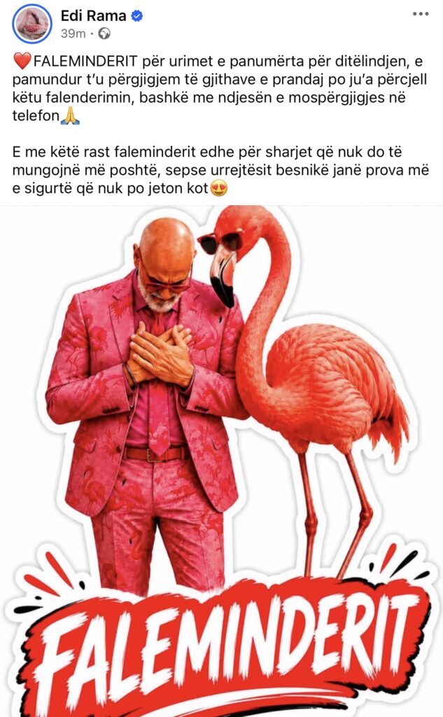 Në 62-vjetorin e lindjes, Rama publikon imazhin me kostum rozë dhe flamingo: Faleminderit për urimet! 1 IMG 1417 1