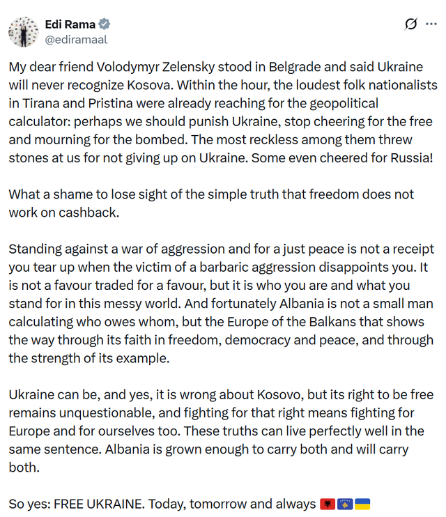 Rama për qëndrimin e Zelenskyt ndaj Kosovës: Ukraina gabon, por e drejta e saj për liri është e padiskutueshme 1 640 0 1786620025xscreenshot 2026 08 13 132013 952