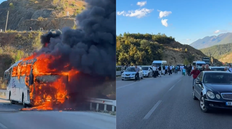 Shpërthen në flakë autobusi në hyrje të tunelit të Elbasanit, bllokohet rruga 800 0 2be9be334e71478acbc31957206cc0c6